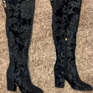 Nine West Black Over the Knee Boots with Velvet Damask